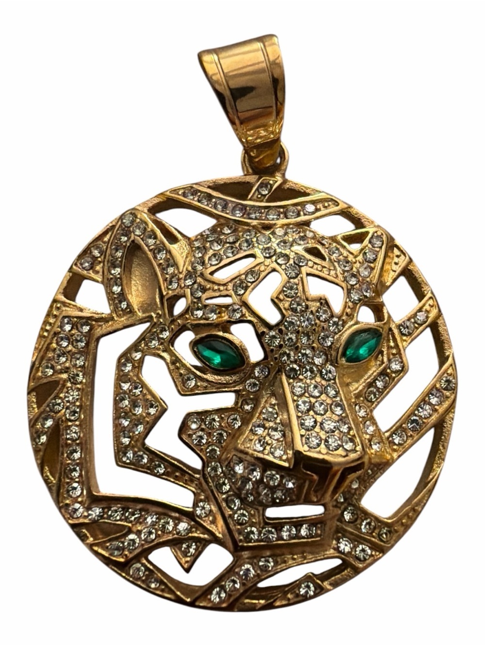 Gold-Tone Leopard Pendant with Green Crystal Eyes